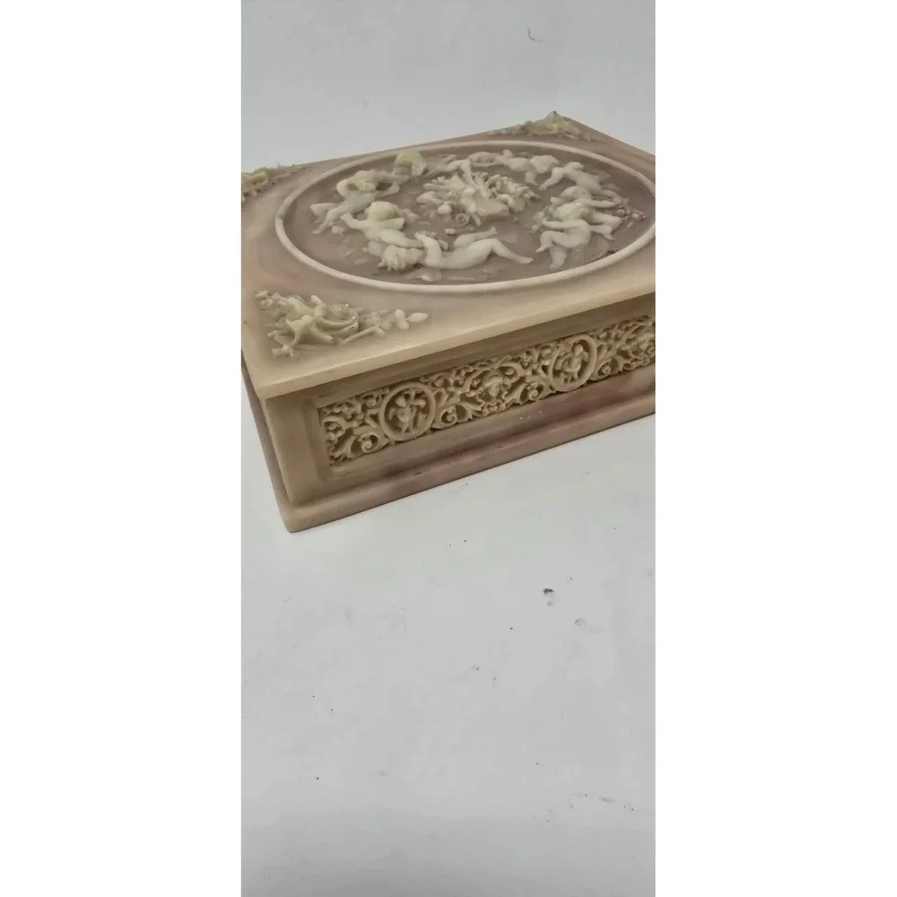 Vtg Incolay stone jewelry box Victorian cherub carved Neoclassical Romantic